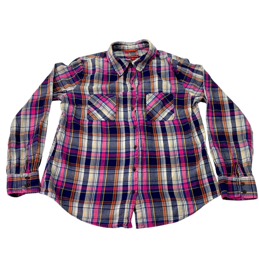 Merona Womens Large Pink Blue Orange Plaid Long Sleeve Cotton Button Up Shirt